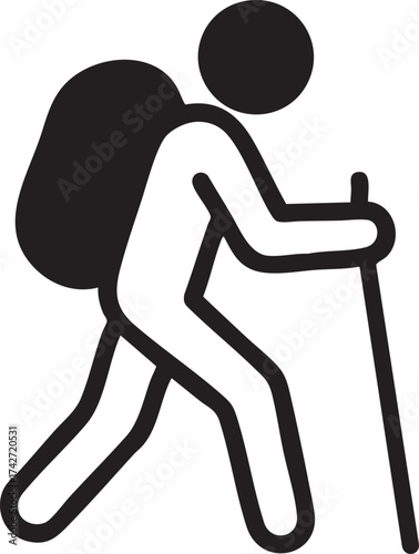 Stylized icon of a hiker with a backpack and trekking pole isolated on white background