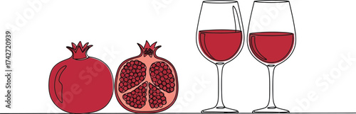 Pomegranate and red wine glasses still life line art drawing editable vector
