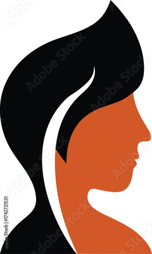 Stylized profile silhouette of a person with dark hair and orange skin tone isolated on white background isolated on transparent background