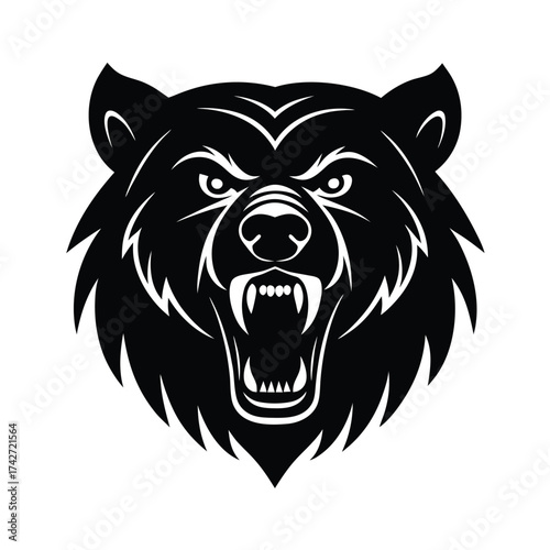Aggressive bear mascot face with sharp teeth and bold lines tattoo style vector art illustration