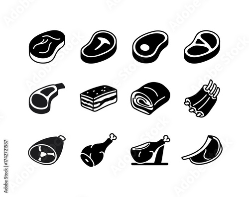 Various Raw Meat Cuts Glyph Icon Set