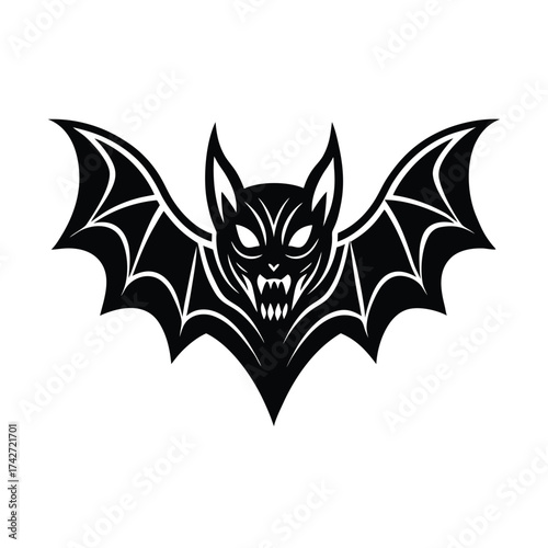 Bat mascot head created in bold tattoo style with sharp details vector art illustration