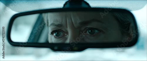 Focused woman driving in snowy conditions reflected in rearview mirror