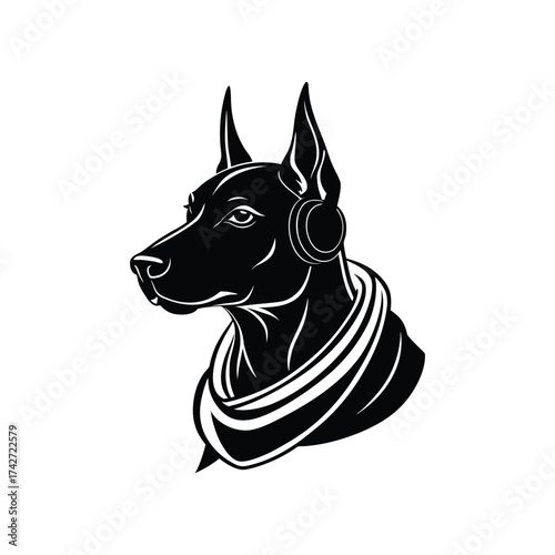 Doberman Pinscher head wearing scarf and earphones vector art illustration
