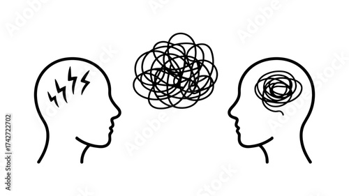 line art icons depicting mental health concepts stress, and confused thoughts with a tangled scribble representing a chaotic mind