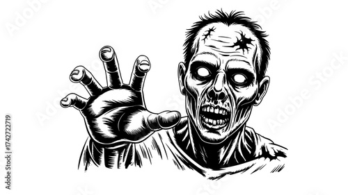 Creepy zombie face and hand reaching forward in black and white line art illustration