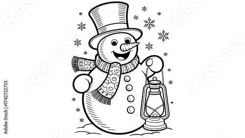 snowman with lantern wearing top hat and scarf in black and white line art illustration