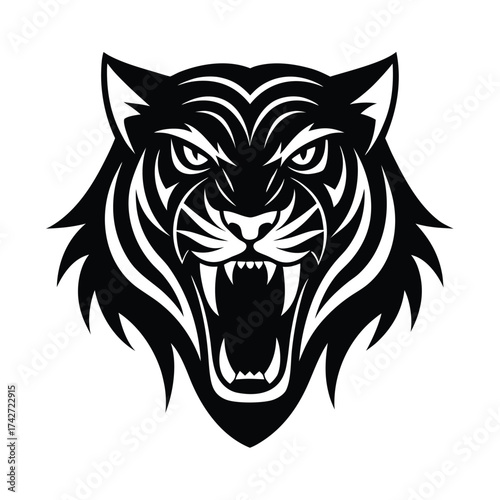 Dynamic roaring tiger head drawn in dramatic tattoo style vector art illustration