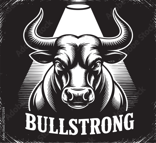 Illustration of a bull with large horns and intense gaze under a spotlight on a black background