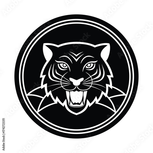 Fierce tiger mascot head in detailed tattoo line art vector art illustration