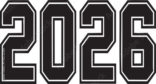 The year two thousand and twenty six in bold blue outlined varsity style font on a white background