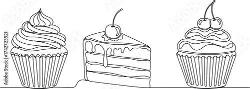 Cupcake cake dessert line art drawing bakery sweet treat design editable vector