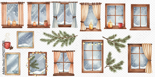 Watercolor illustration of winter windows with snow, curtains, candles, and pine branches.