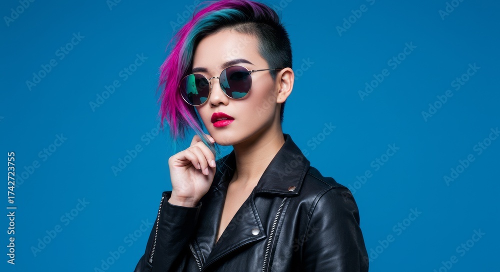 custom made wallpaper toronto digitalConfident Young Woman with Bold Pink and Purple Asymmetrical Hairstyle, Reflective Sunglasses, and Black Leather Jacket Against a Blue Background, Perfect for Modern Fashion, Edgy Style, and Trendy