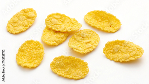 Crispy golden corn flakes scattered on a white background