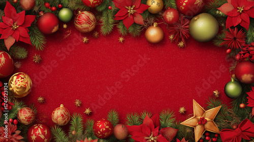 Colorful ornaments and greenery surround a vibrant red surface, perfect for holiday greetings Generative AI
