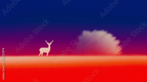 A serene landscape features a reindeer standing amidst vibrant hues of sunset, evoking holiday joy Generative AI