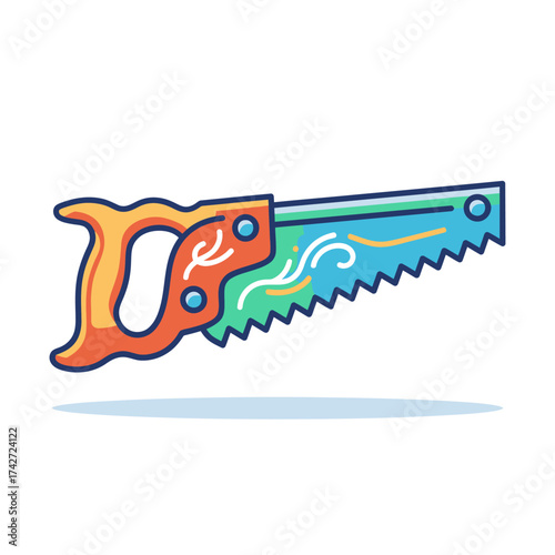Colorful Hand Saw Illustration with Ornate Handle and Blue Blade.