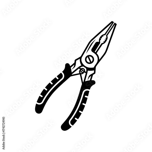 Detailed Black and White Illustration of Combination Pliers Tool.