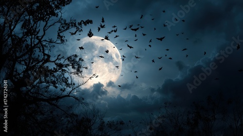 Fototapeta Naklejka Na Ścianę i Meble -  halloween night with bats and moon