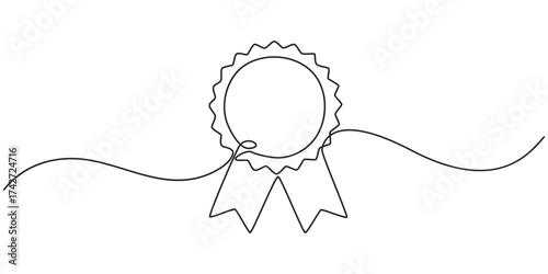 Single continuous line drawing of the best quality award badge with gold star winning medal illustration, Winning badge in one continuous line drawing. Symbol of a winner. Award winning ribbon minimal