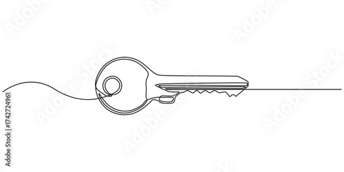 Continuous one line drawing of big key, continuous line drawing of key vector illustration one line style, Security concept continuous line art. Editable outline. Vector Illustration