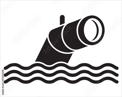 Black industrial pipe emerging from water icon, vector illustration symbolizing pollution, wastewater discharge, environmental contamination, drainage, and ecology awareness concept design