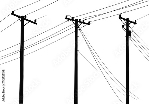 Silhouette utility poles with multiple power lines, crossarms, electrical infrastructure, energy distribution, telecommunications cables, industrial structure, rural electricity, urban power supply