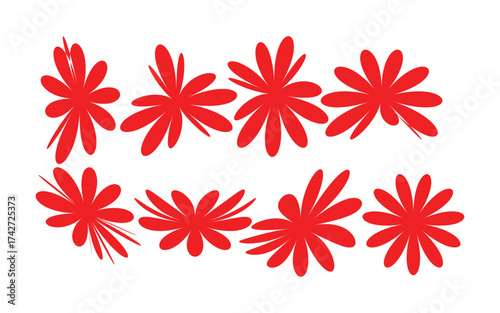 A collection of eight vibrant red abstract floral shapes with delicate petals arranged in two rows isolated on white background