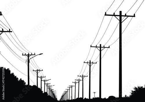 Silhouette utility poles with power lines, symmetrical perspective, road with trees, dramatic depth view, urban electricity infrastructure, telecommunications network system
