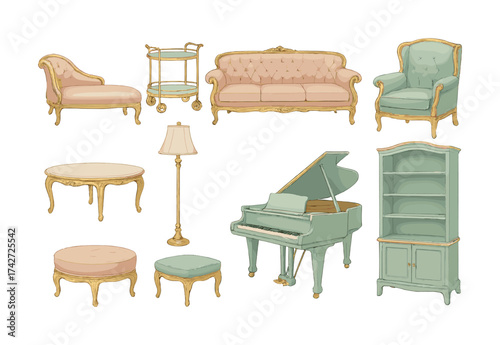 Vector Elegant vintage furniture set with sofa, armchair, and grand piano in pastel colors