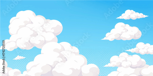 Seamless cartoon blue sky background with fluffy white clouds, a light summer pattern