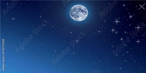 Blue dark night sky with moon and stars over the planet earth in the universe