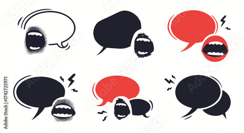 Collection of stylized speech bubbles accompanied by graphic representations of mouths expressing loud noises and ideas

