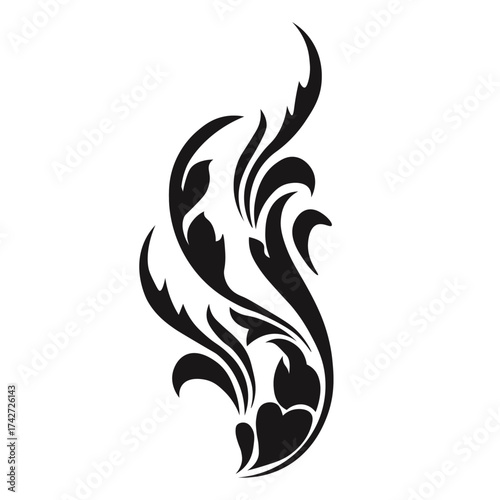 Ornamental Floral Design A classic black and white floral design element featuring elegant, curved leaves and intricate detailing. Perfect for use in decorative borders, logos