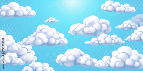 Seamless cartoon vector pattern of fluffy white clouds on a bright blue summer sky