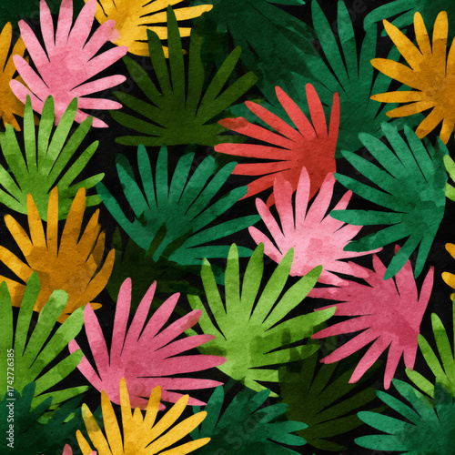 Tropical leaves watercolor background. Colorful jungle foliage pattern. Hand drawn botanical texture for textile print, summer poster, greeting card.