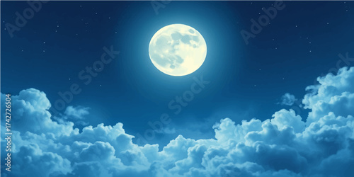 Full blue moon and bright clouds in the dark night sky