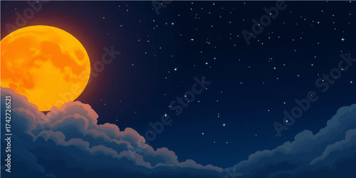 The full moon and stars glow in the dark night sky above the Earth