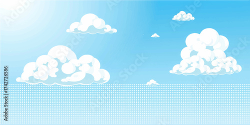 Bright seamless summer sky vector illustration with sun and cloudscape pattern