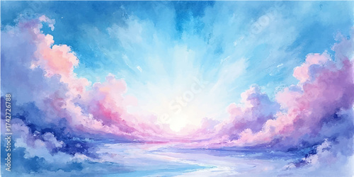 Abstract watercolor illustration of a blue sky cloudscape with bright summer sunlight