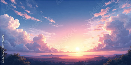 A breathtaking sunset colors the mountain landscape with dramatic orange and red light across the cloudscape