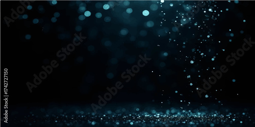 Dark winter night rain drops on the window with blue bokeh lights glow and glitter particle blur pattern