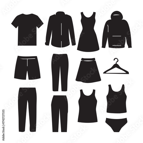 Clothing Icons Representing Wardrobe Elements A Simple Black and White Illustration of Various Garments and Apparel Items for Fashion and Design