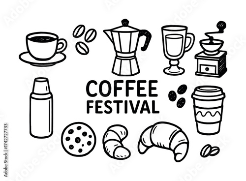 Vector Coffee festival icons: crockery, grinder, croissants, beans, cookie, moka pot, takeaway cup