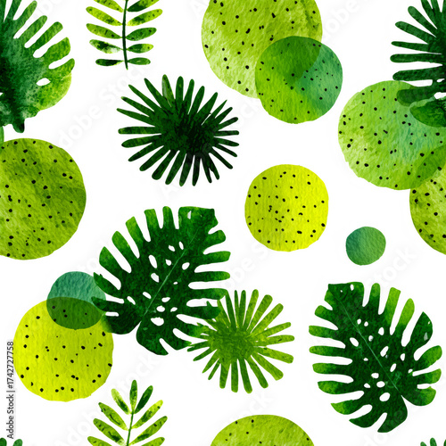 Watercolor green tropical leaves and abstract shapes on white background. Botanical pattern for textile, paper design, summer, vacation concept.