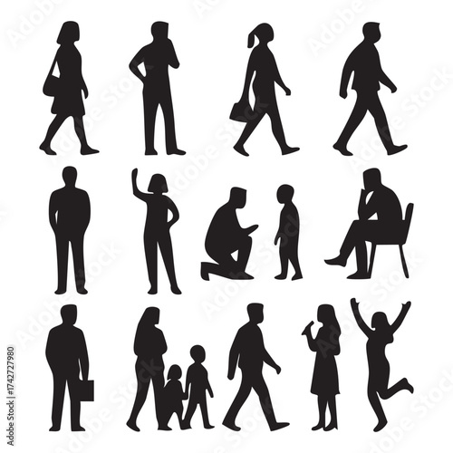Silhouettes of People Depicting Various Actions and Interactions in a Crowd Scene Illustration