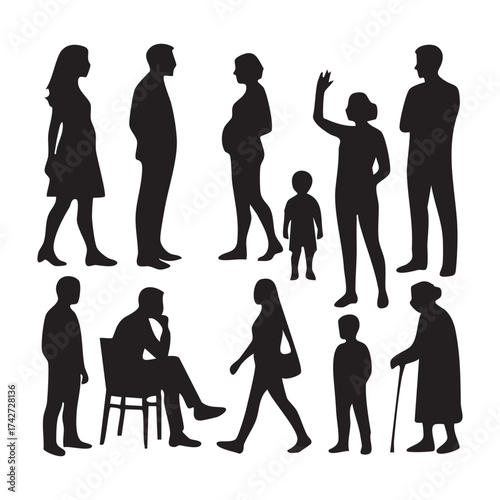 Diverse Silhouettes A Community Gathering Featuring Individuals of Varying Ages and Life Stages in Static Poses Together on Plain Background