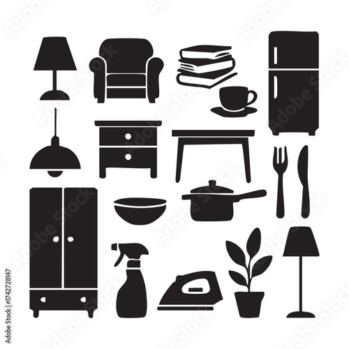 Collection of Household Items Silhouette Style Illustration Interior Decoration Furniture Appliances Utensils Tools Crockery and Decor Elements