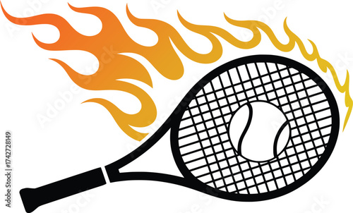 Flaming Tennis Racket and Ball Illustration.
